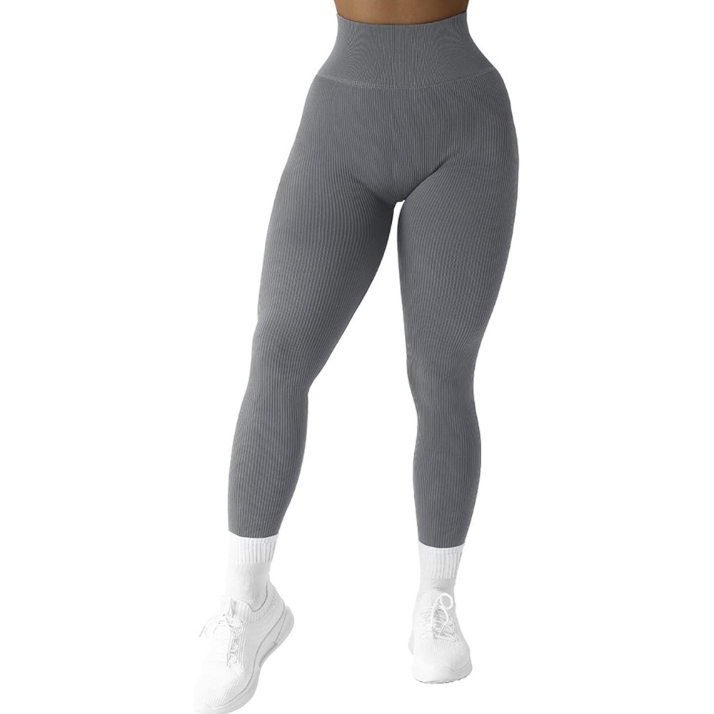 Amazon Women Ribbed Seamless Leggings High Waisted Workout Gym Yoga Gray Size L
